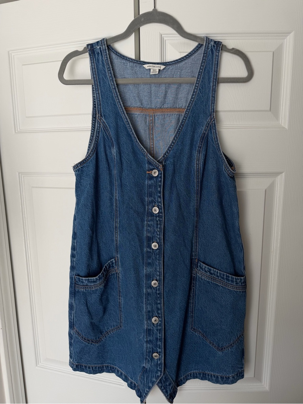 American Eagle Outfitters Denim Button-Front Jumper Dress - Blue